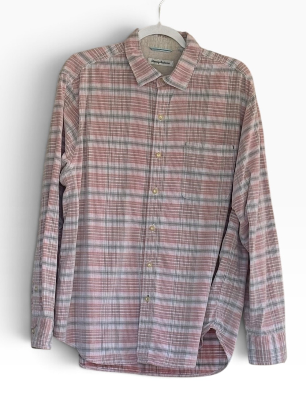 Tommy Bahama Pink and Gray Plaid Button-Down Shirt Size L